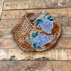 Studio Art Pottery Trinket Plate Dish 7.5" Decor Textured With Grapes Flower
